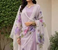 Lavender, Floral hand painted organza dupatta